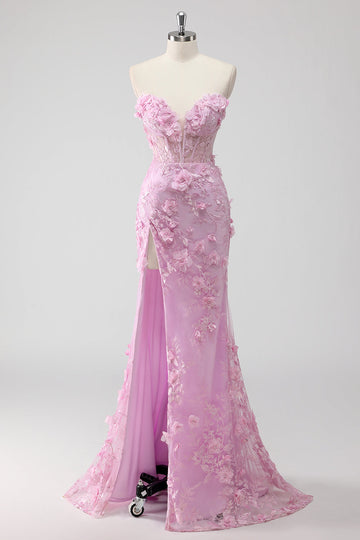 Lilac Strapless Corset Appliqued Mermaid Long Prom Dress